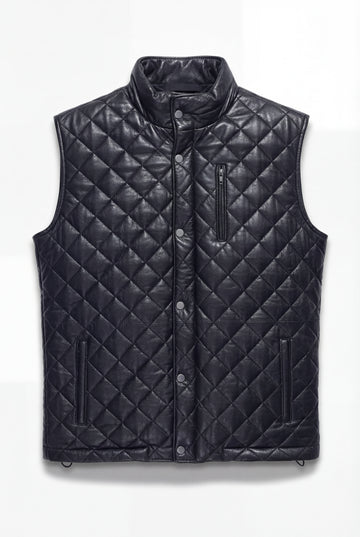 Men's black quilted leather vest with silver zipper closure and stand collar, Front View. The Graham by Maverick Jacket.
