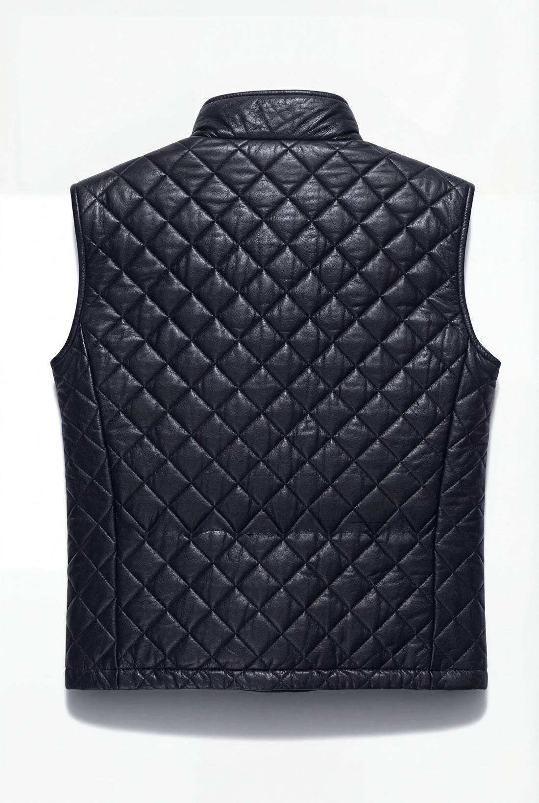 Men's black quilted leather vest with silver zipper closure and stand collar, Front View. The Graham by Maverick Jacket.