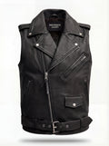 Men's black leather biker vest with asymmetrical zipper closure and notched lapels, Front View. The Ryder by Maverick Jacket.