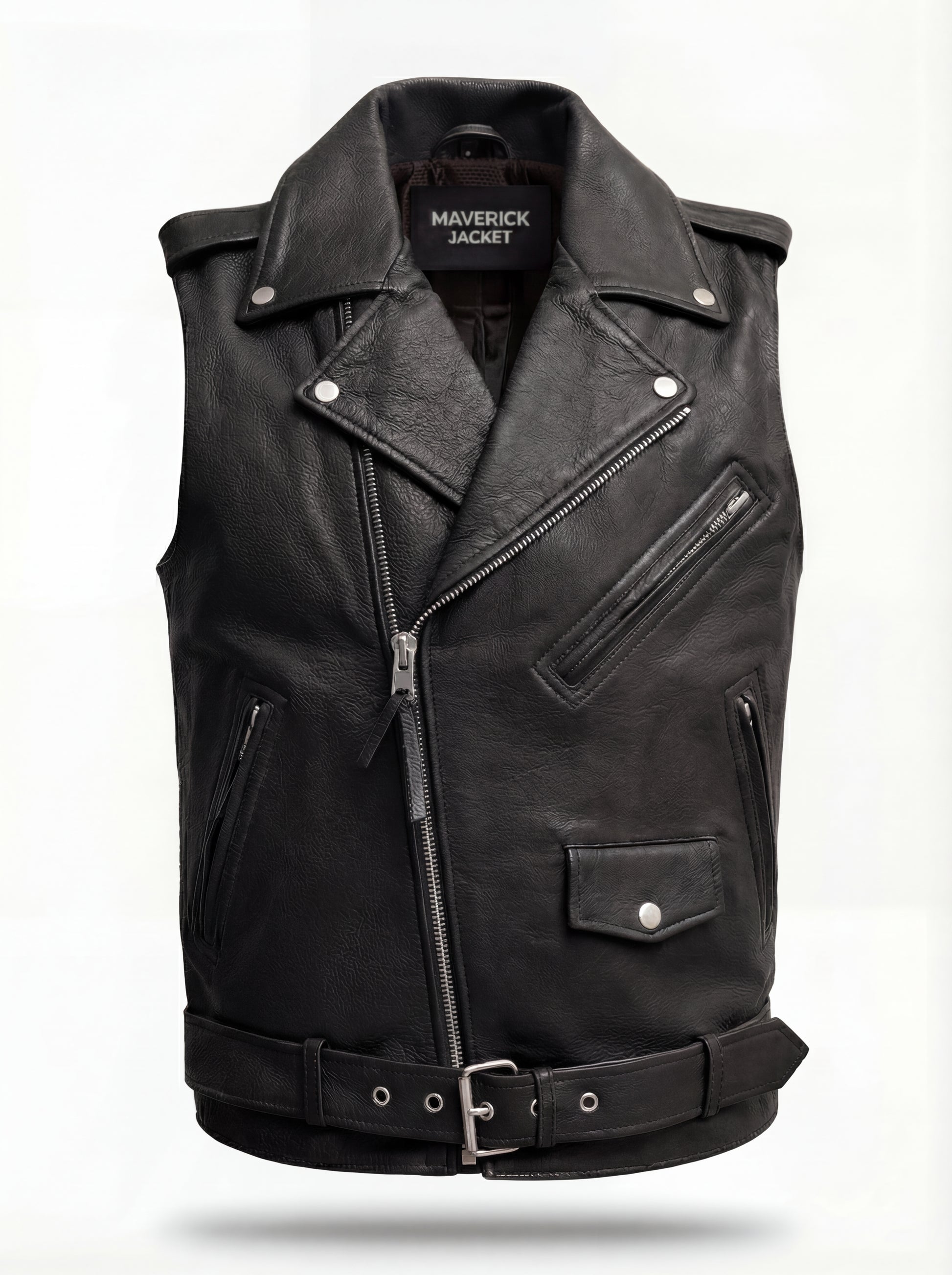 Men's black leather biker vest with asymmetrical zipper closure and notched lapels, Front View. The Ryder by Maverick Jacket.
