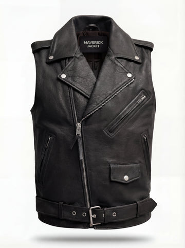 Men's black leather biker vest with asymmetrical zipper closure and notched lapels, Front View. The Ryder by Maverick Jacket.