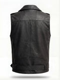 Rear view of black leather biker vest showing clean back paneling and adjustable side waist tabs. The Ryder by Maverick Jacket.
