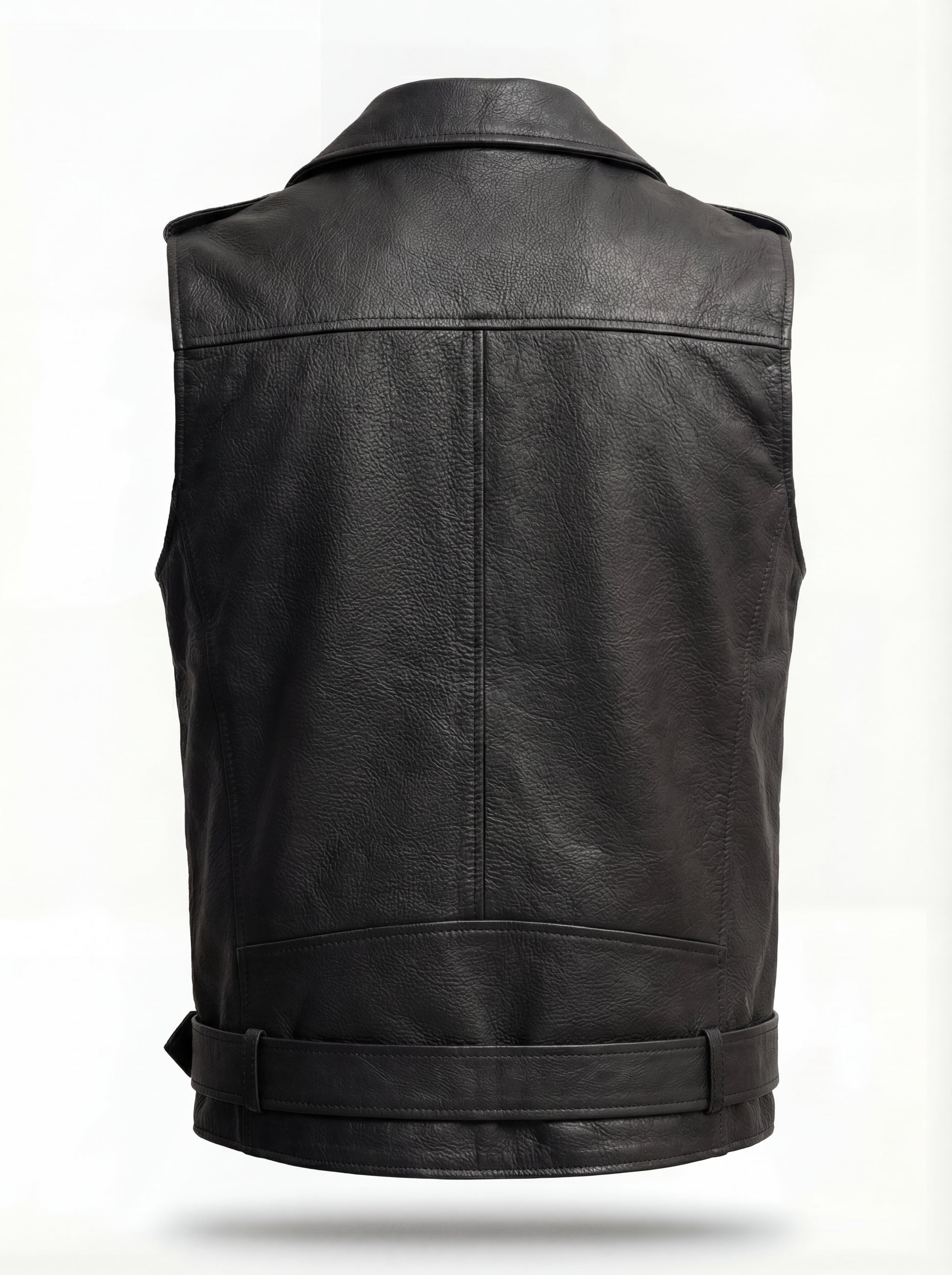 Rear view of black leather biker vest showing clean back paneling and adjustable side waist tabs. The Ryder by Maverick Jacket.