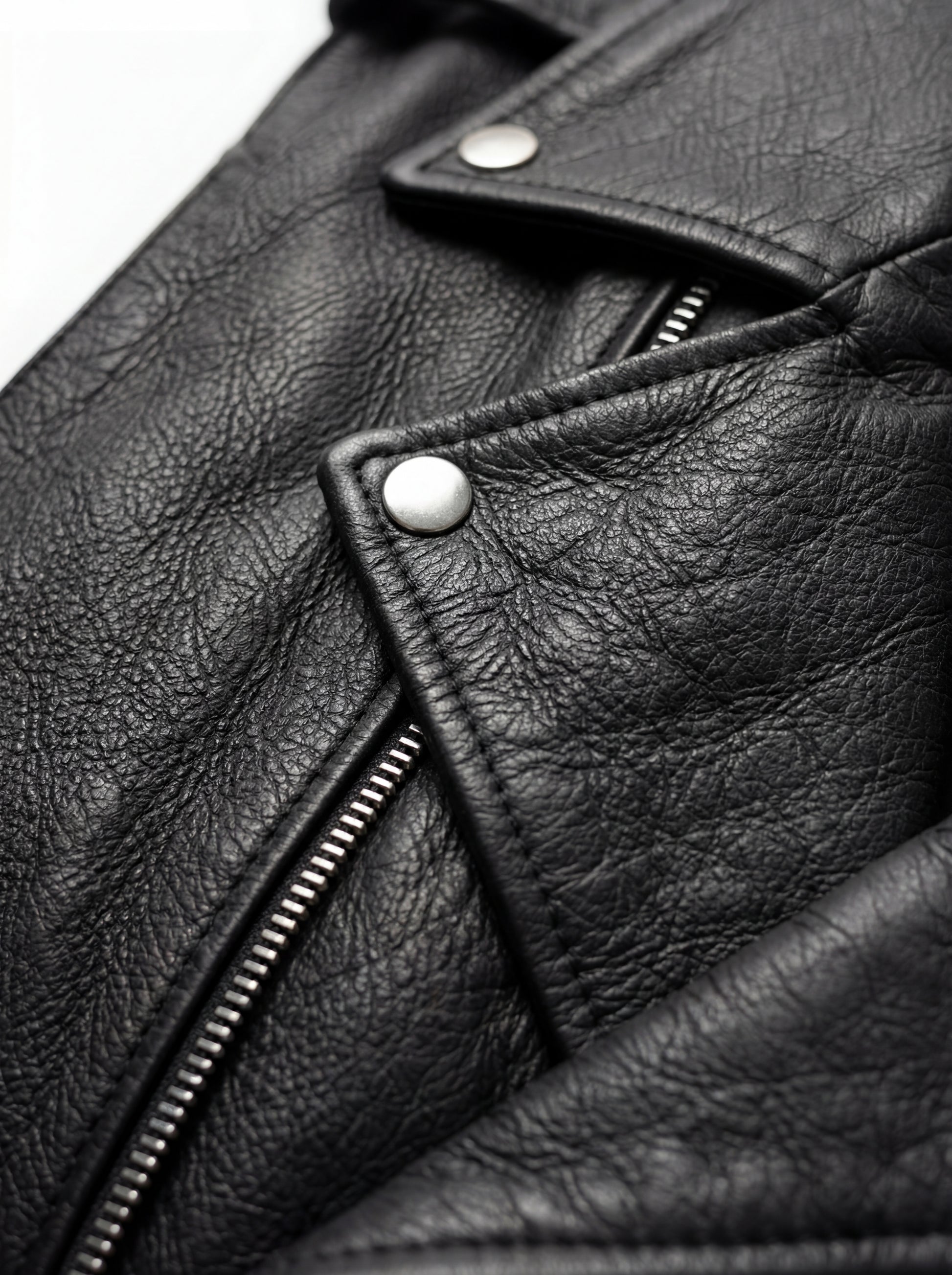 Macro shot of smooth black leather texture and heavy-duty silver zipper hardware on biker vest. The Ryder by Maverick Jacket.