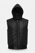Men's black quilted leather hooded vest with silver zipper closure and adjustable hood drawstrings, Front View. The Reid by Maverick Jacket.