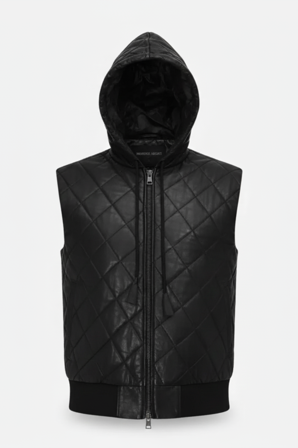 Men's black quilted leather hooded vest with silver zipper closure and adjustable hood drawstrings, Front View. The Reid by Maverick Jacket.