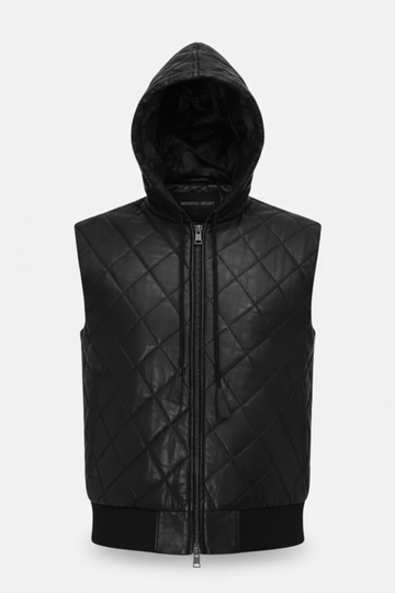Men's black quilted leather hooded vest with silver zipper closure and adjustable hood drawstrings, Front View. The Reid by Maverick Jacket.
