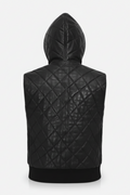 Rear view of black quilted leather hooded vest showing smooth back yoke and diamond quilt stitching. The Reid by Maverick Jacket.