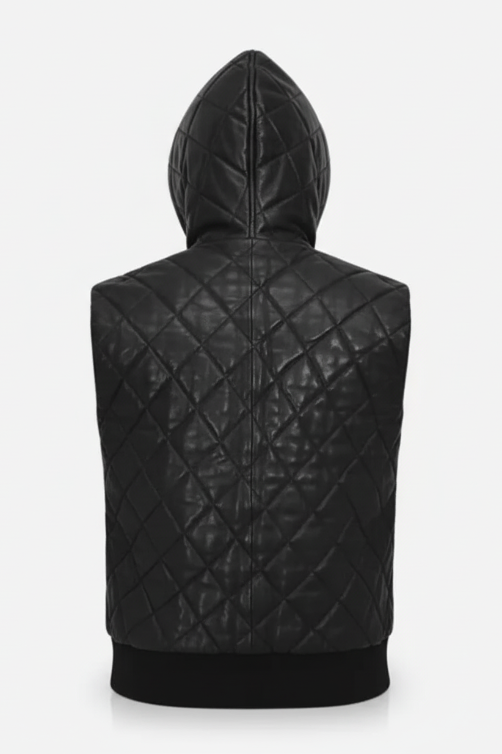 Rear view of black quilted leather hooded vest showing smooth back yoke and diamond quilt stitching. The Reid by Maverick Jacket.