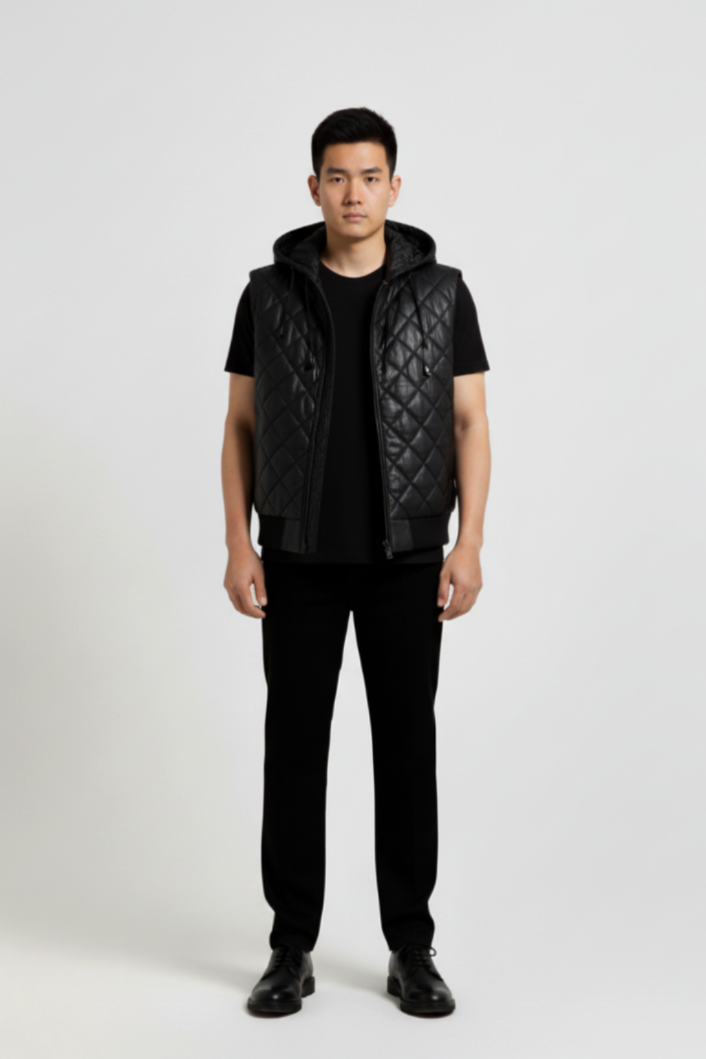 Male model wearing Maverick Reid quilted leather hooded vest, regular fit, styled over a grey hoodie with black cargo trousers. Maverick Jacket.