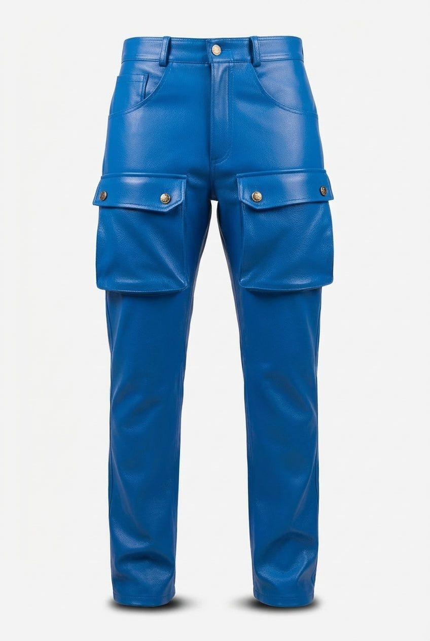 Men's blue leather cargo pants with dual front cargo pockets and gold buttons, Front View. The Enzo by Maverick Jacket.