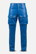 Men's blue leather cargo pants with dual front cargo pockets and gold buttons, Front View. The Enzo by Maverick Jacket.
