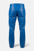 Rear view of blue leather cargo pants showing rear button-flap pockets and central leg seams. The Enzo by Maverick Jacket.