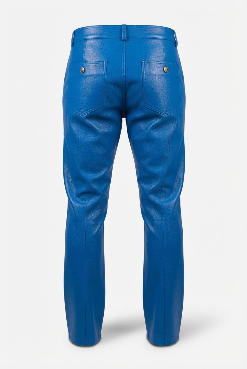 Rear view of blue leather cargo pants showing rear button-flap pockets and central leg seams. The Enzo by Maverick Jacket.