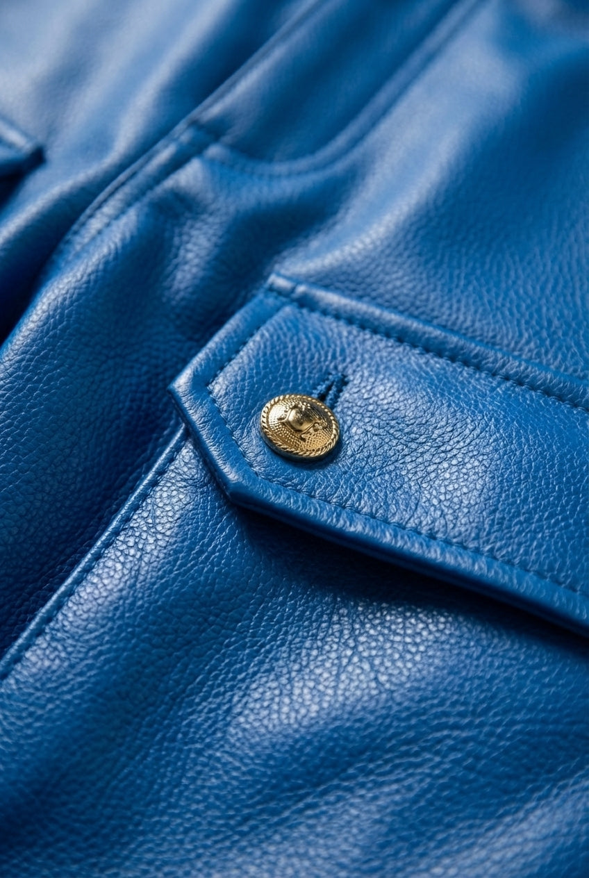 Macro shot of grained blue leather texture and embossed gold button detail on cargo pocket. The Enzo by Maverick Jacket.