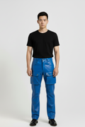 Male model wearing Maverick Enzo leather cargo pants, regular fit, styled with black crewneck t-shirt. Maverick Jacket.