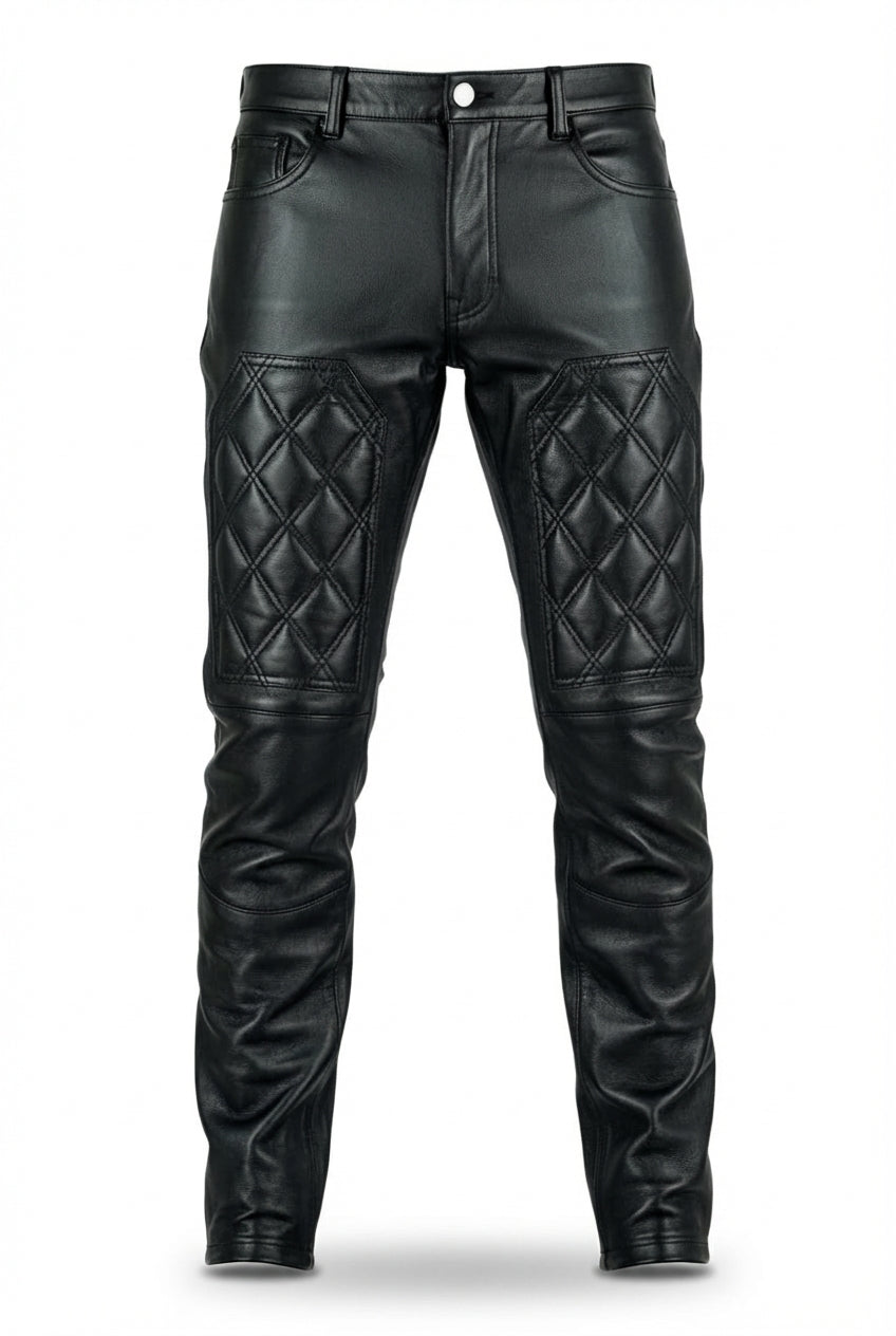 Men's black leather moto pants with diamond quilted thigh panels and classic five-pocket styling, Front View. The Jett by Maverick Jacket.
