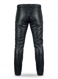 Rear view of black leather moto pants showing rear patch pockets and horizontal knee seam detailing. The Jett by Maverick Jacket.