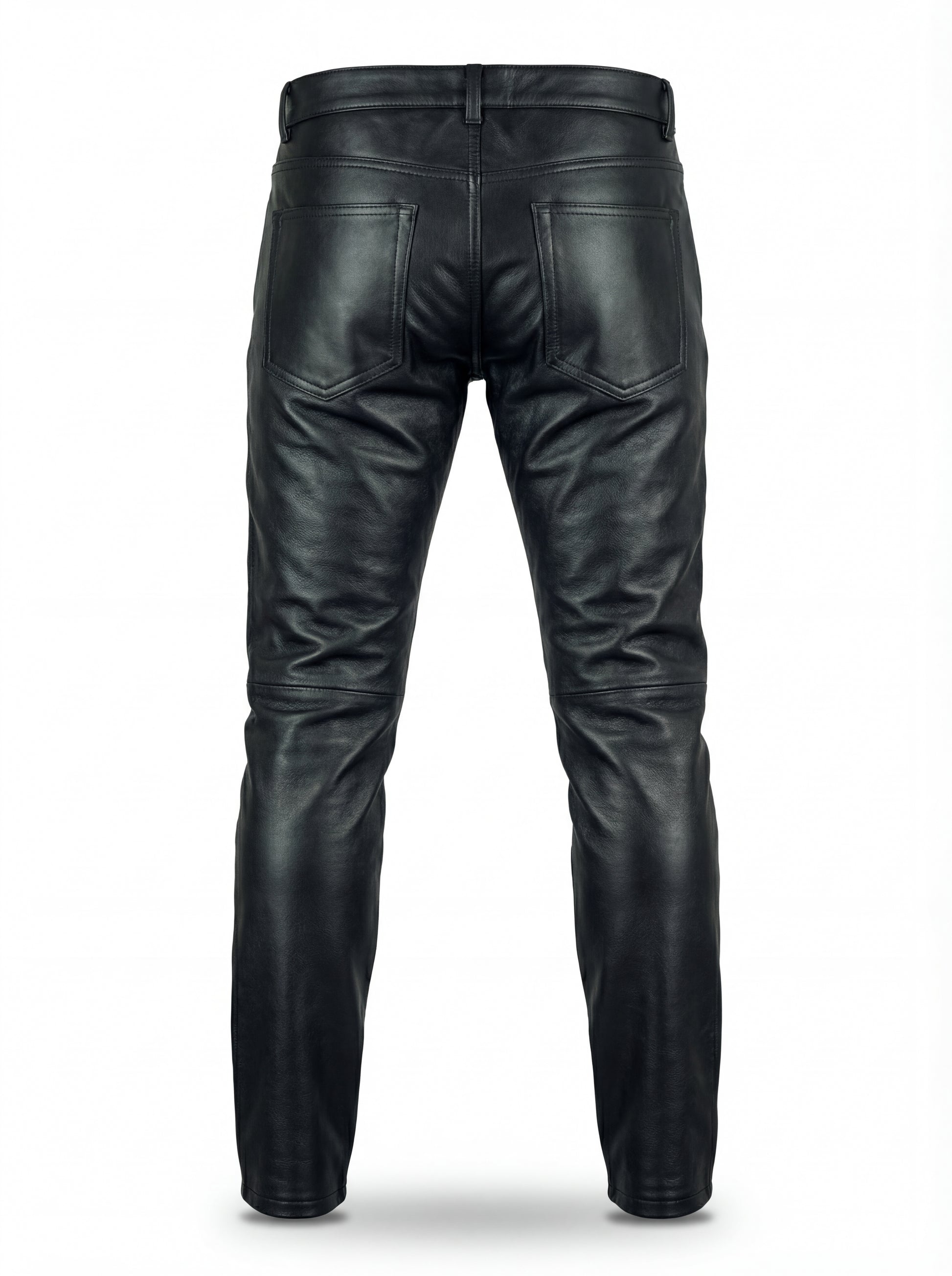 Rear view of black leather moto pants showing rear patch pockets and horizontal knee seam detailing. The Jett by Maverick Jacket.