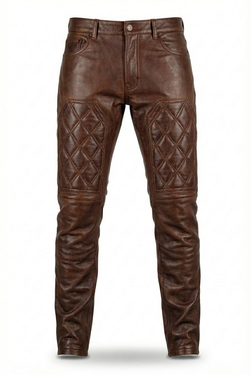 Men's brown quilted leather pants with diamond stitched knee panels and classic five-pocket styling, Front View. The Nolan by Maverick Jacket.