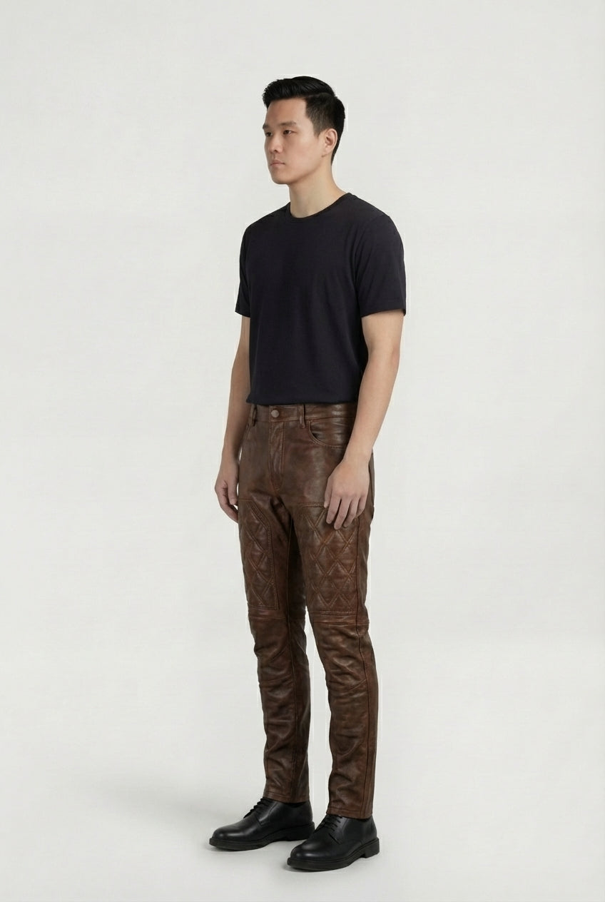 Side profile of Maverick Nolan leather pants showing quilted knee construction and straight leg fit. Maverick Jacket.