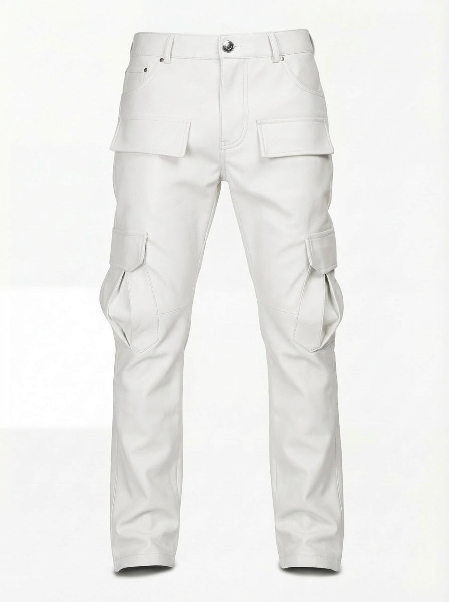 Men's white leather cargo pants with large thigh flap pockets and belt loops, Front View. The Cassian by Maverick Jacket.