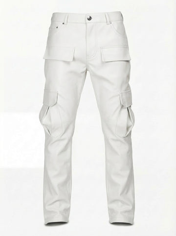 Men's white leather cargo pants with large thigh flap pockets and belt loops, Front View. The Cassian by Maverick Jacket.