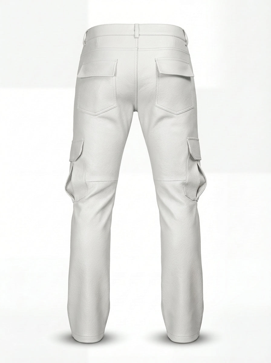 Rear view of white leather cargo pants showing rear flap pockets and horizontal knee seam construction. The Cassian by Maverick Jacket.