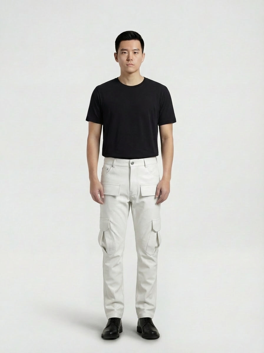 Male model wearing Maverick Cassian white leather cargo pants, straight fit, styled with black crew neck t-shirt and black leather derby shoes. Maverick Jacket.