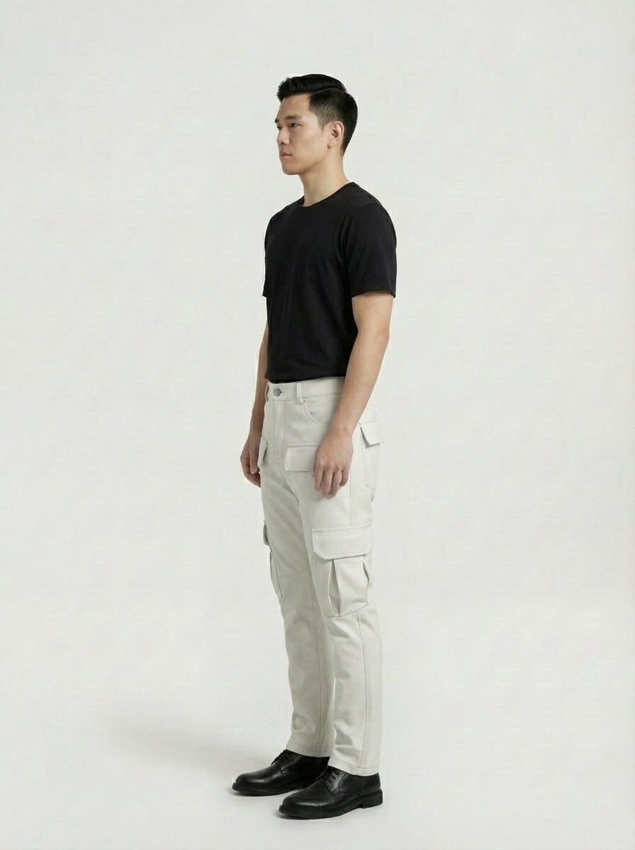 Side profile of Maverick Cassian leather cargo pants showing dimensional cargo pocket structure and straight leg cut. Maverick Jacket.