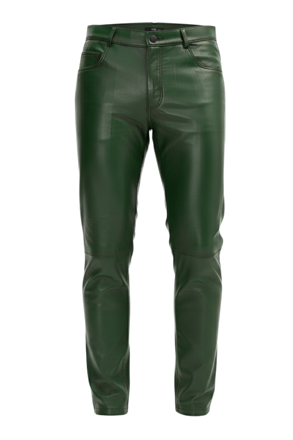 Men's forest green leather pants with five-pocket styling and horizontal knee seams, Front View. The Finnian by Maverick Jacket.