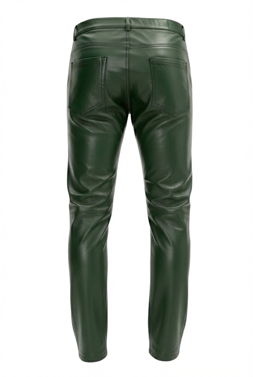 Men's forest green leather pants with five-pocket styling and horizontal knee seams, Front View. The Finnian by Maverick Jacket.