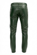 Rear view of forest green leather pants showing rear patch pockets and knee panel construction. The Finnian by Maverick Jacket.