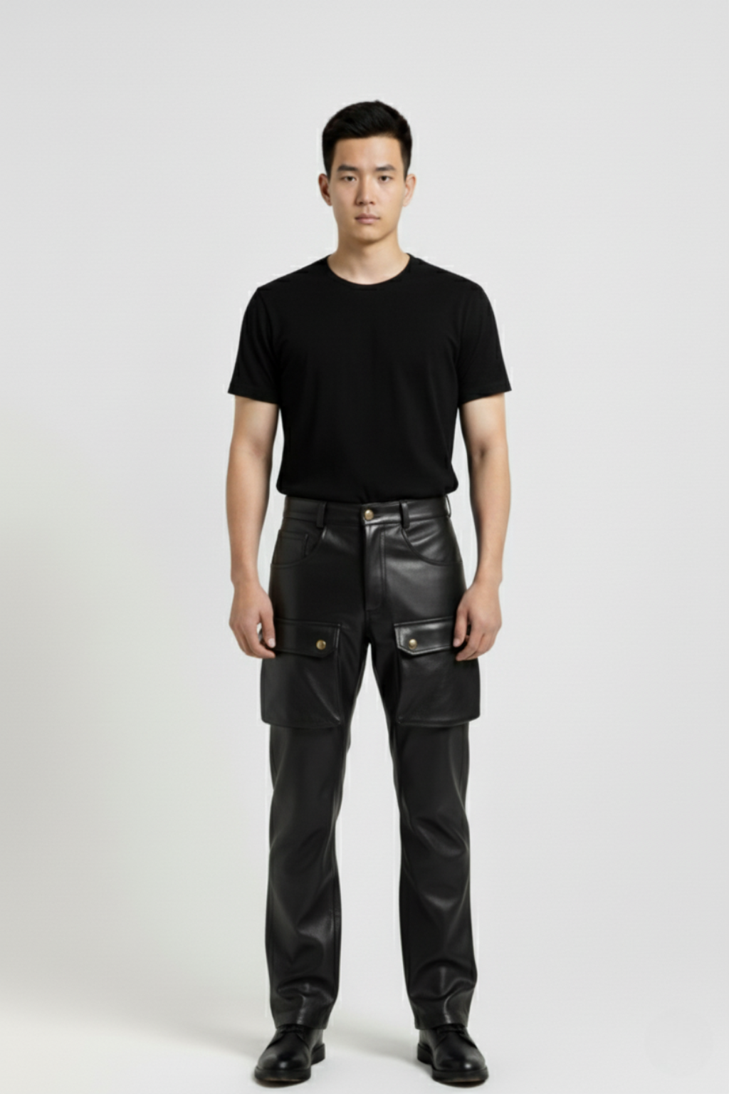 Male model wearing Maverick Tristan black leather cargo pants, straight fit, styled with black crew neck t-shirt and black leather derby shoes. Maverick Jacket.