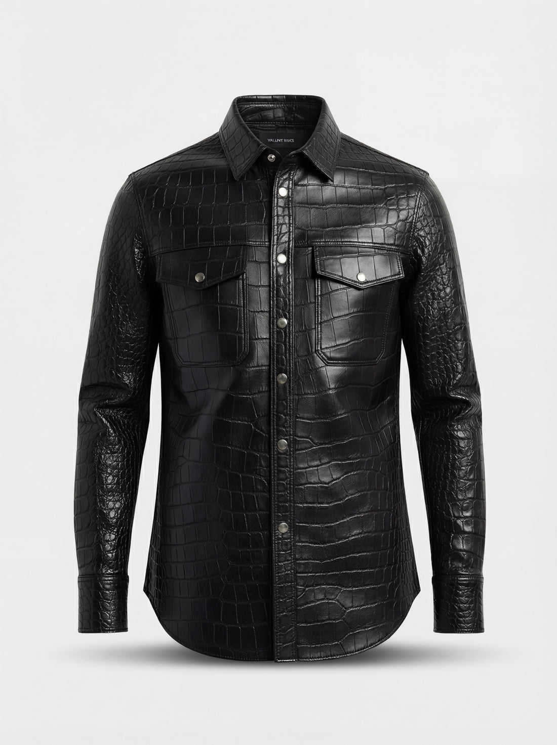 Men's black croc-embossed leather shirt with silver snap buttons and dual chest pockets, Front View. The Damien by Maverick Jacket.