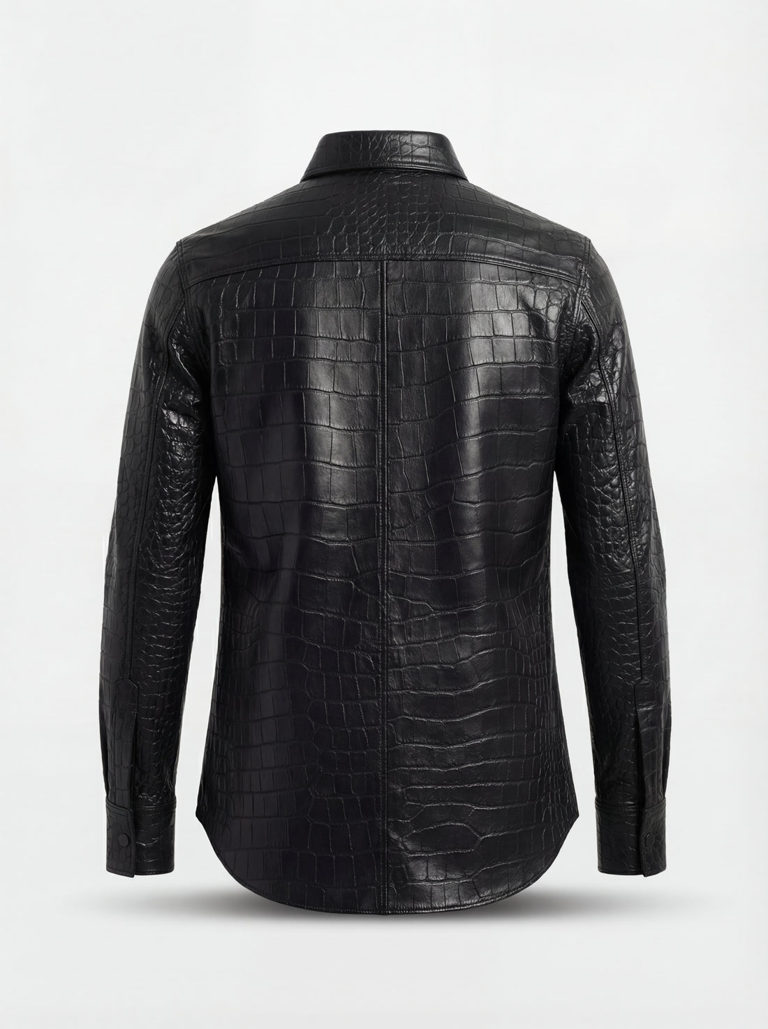 Men's black croc-embossed leather shirt with silver snap buttons and dual chest pockets, Front View. The Damien by Maverick Jacket.