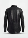 Rear view of black croc-embossed leather shirt showing vertical center seam and structured yoke. The Damien by Maverick Jacket.