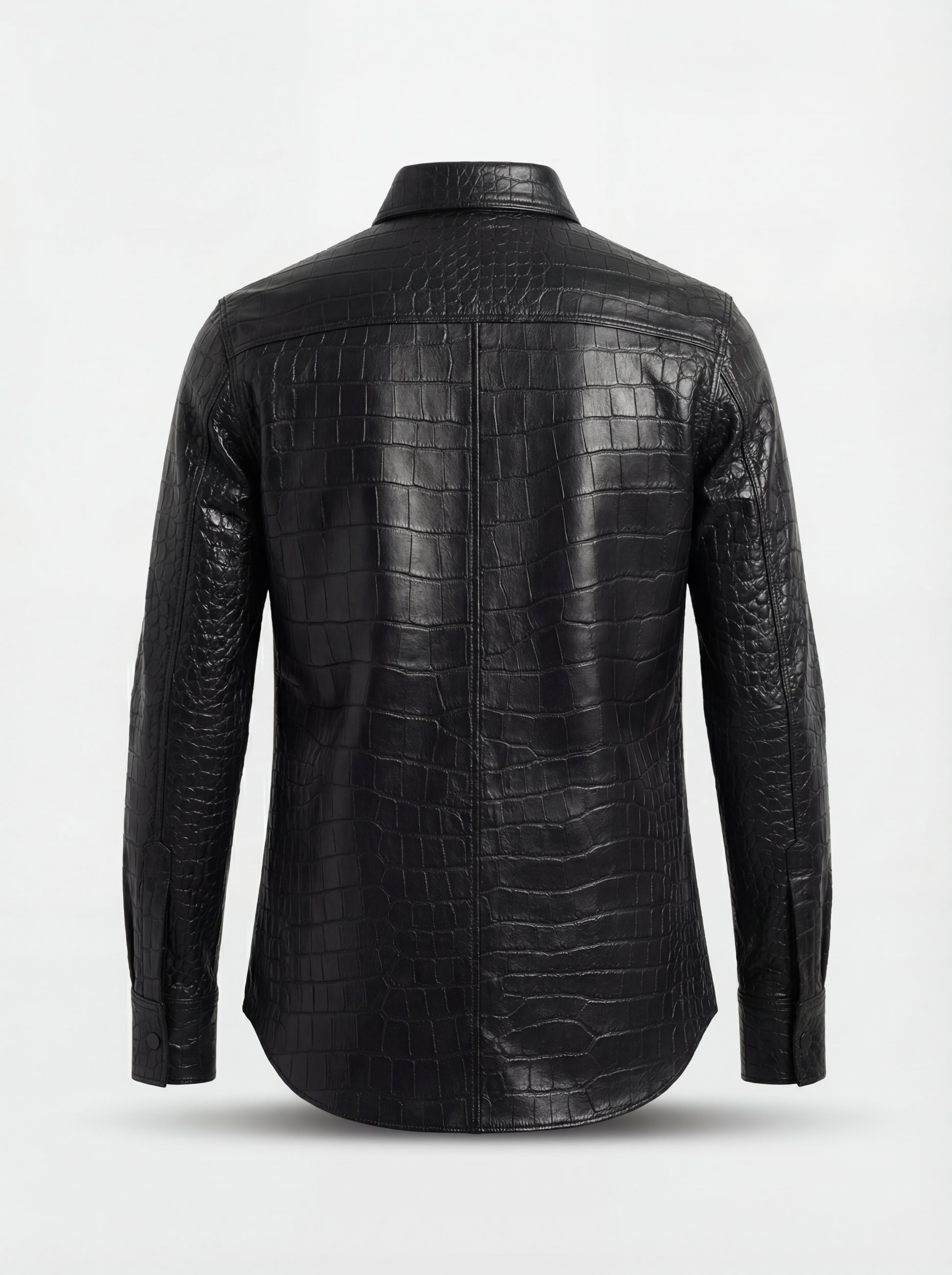 Rear view of black croc-embossed leather shirt showing vertical center seam and structured yoke. The Damien by Maverick Jacket.