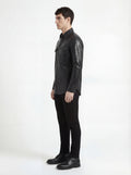 Side profile of Maverick Damien leather shirt showing full sleeve structure and slim torso fit. Maverick Jacket.