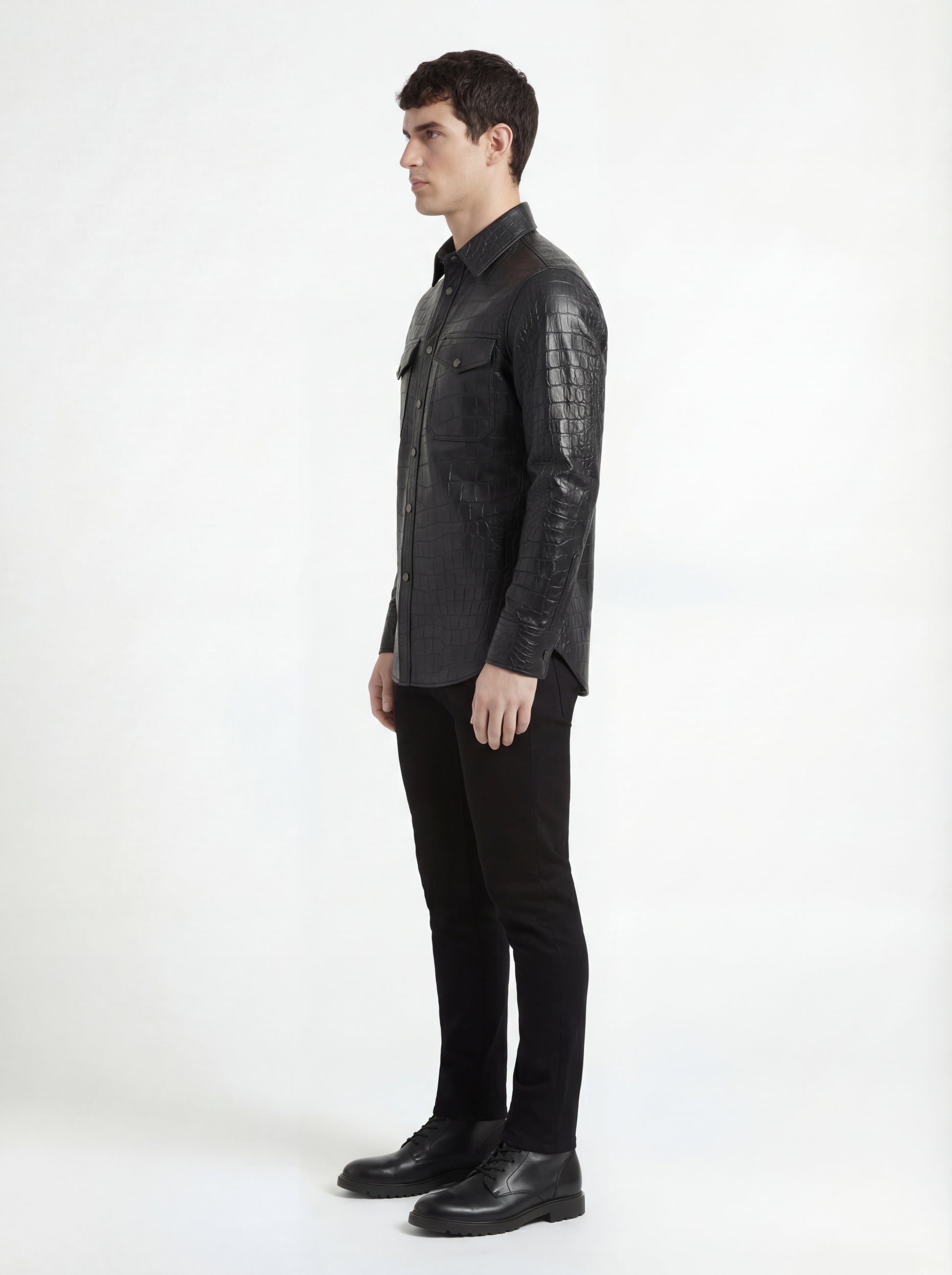 Side profile of Maverick Damien leather shirt showing full sleeve structure and slim torso fit. Maverick Jacket.