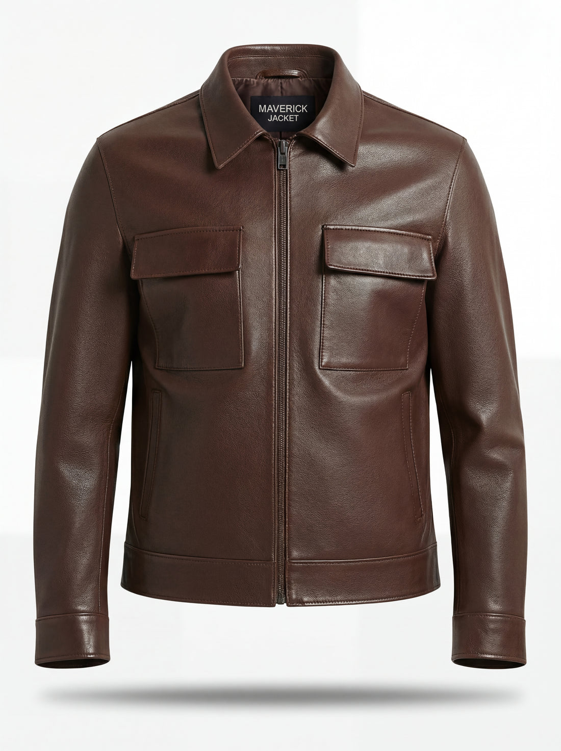 Men's brown leather zip-front shirt with dual chest flap pockets and pointed collar, Front View. The Elliot by Maverick Jacket.