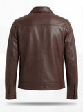 Rear view of brown leather zip-front shirt showing vertical center seam and horizontal yoke paneling. The Elliot by Maverick Jacket.