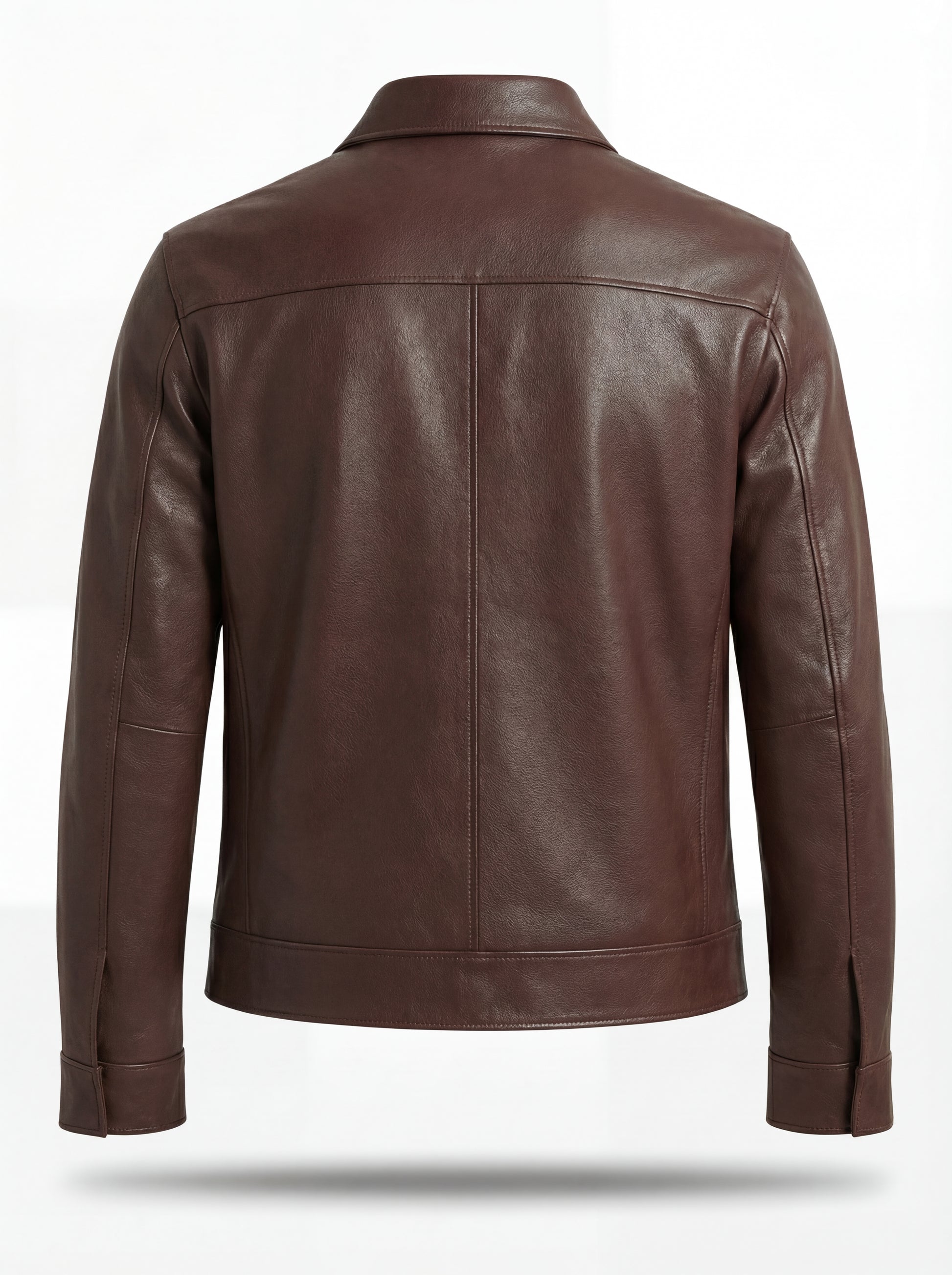 Rear view of brown leather zip-front shirt showing vertical center seam and horizontal yoke paneling. The Elliot by Maverick Jacket.