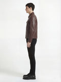 Side profile of Maverick Elliot leather zip-front shirt showing full sleeve structure and clean torso silhouette. Maverick Jacket.