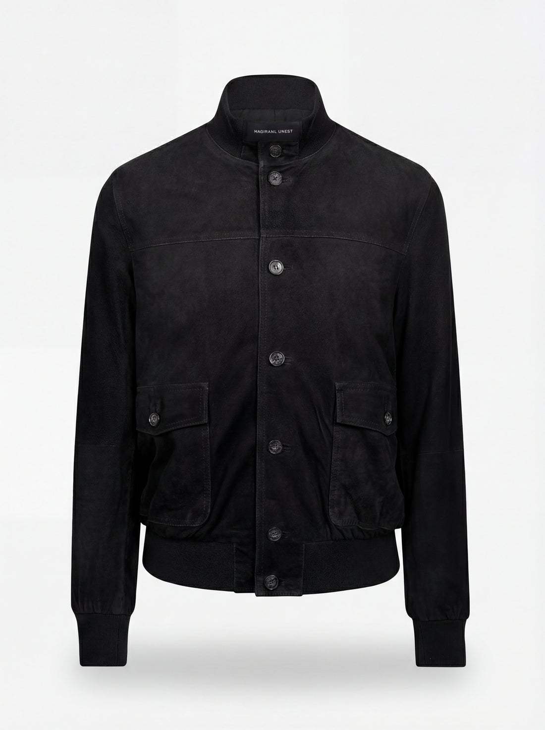 Men's black suede bomber jacket with ribbed knit standing collar and silver zipper closure, Front View. The Soren by Maverick Jacket.