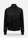 Men's black suede bomber jacket with ribbed knit standing collar and silver zipper closure, Front View. The Soren by Maverick Jacket.