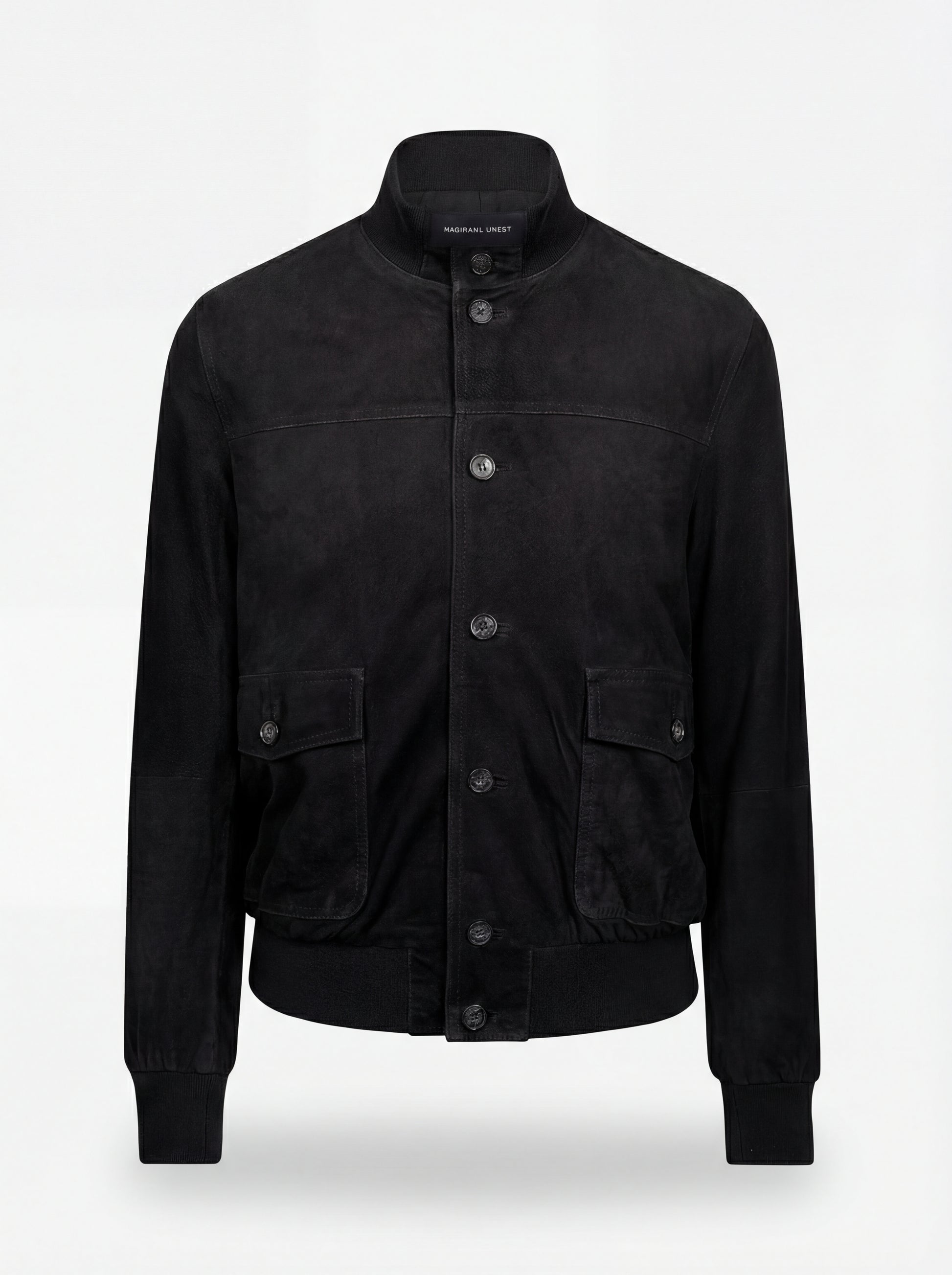 Men's black suede bomber jacket with ribbed knit standing collar and silver zipper closure, Front View. The Soren by Maverick Jacket.