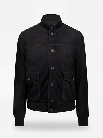 Men's black suede bomber jacket with ribbed knit standing collar and silver zipper closure, Front View. The Soren by Maverick Jacket.