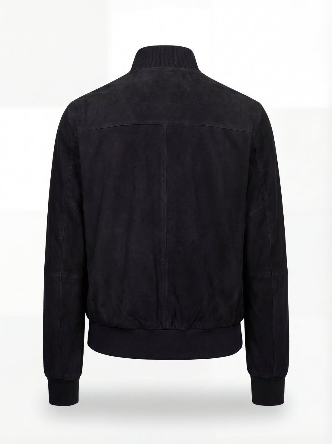 Men's black suede bomber jacket with ribbed knit standing collar and silver zipper closure, Front View. The Soren by Maverick Jacket.