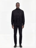 Male model wearing Maverick Soren suede bomber jacket, regular fit, styled with black jeans. Maverick Jacket.